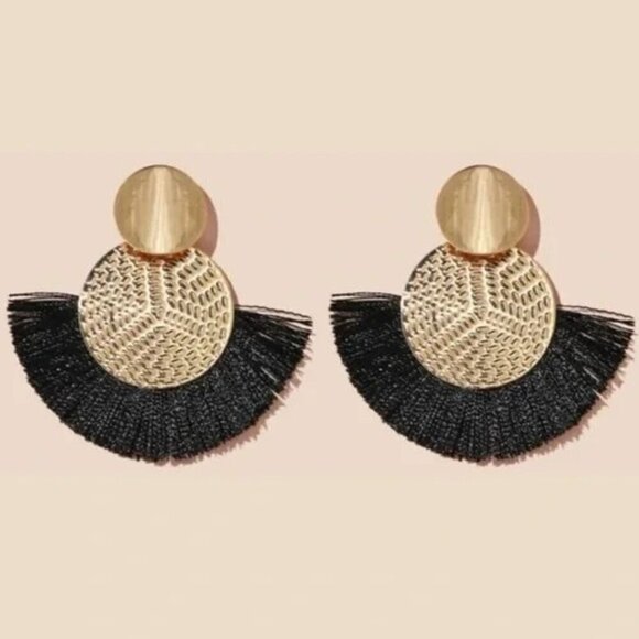 Gold & Black Fringe Round Hoop Earrings - Picture 1 of 4